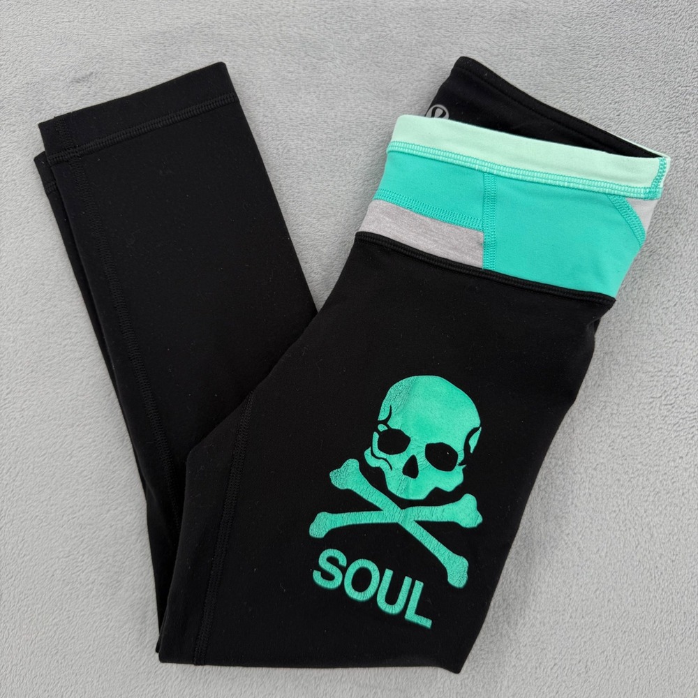 SoulCycle x Lululemon Womens Skull Graphic Cropped Leggings Black Teal Size‎ 2